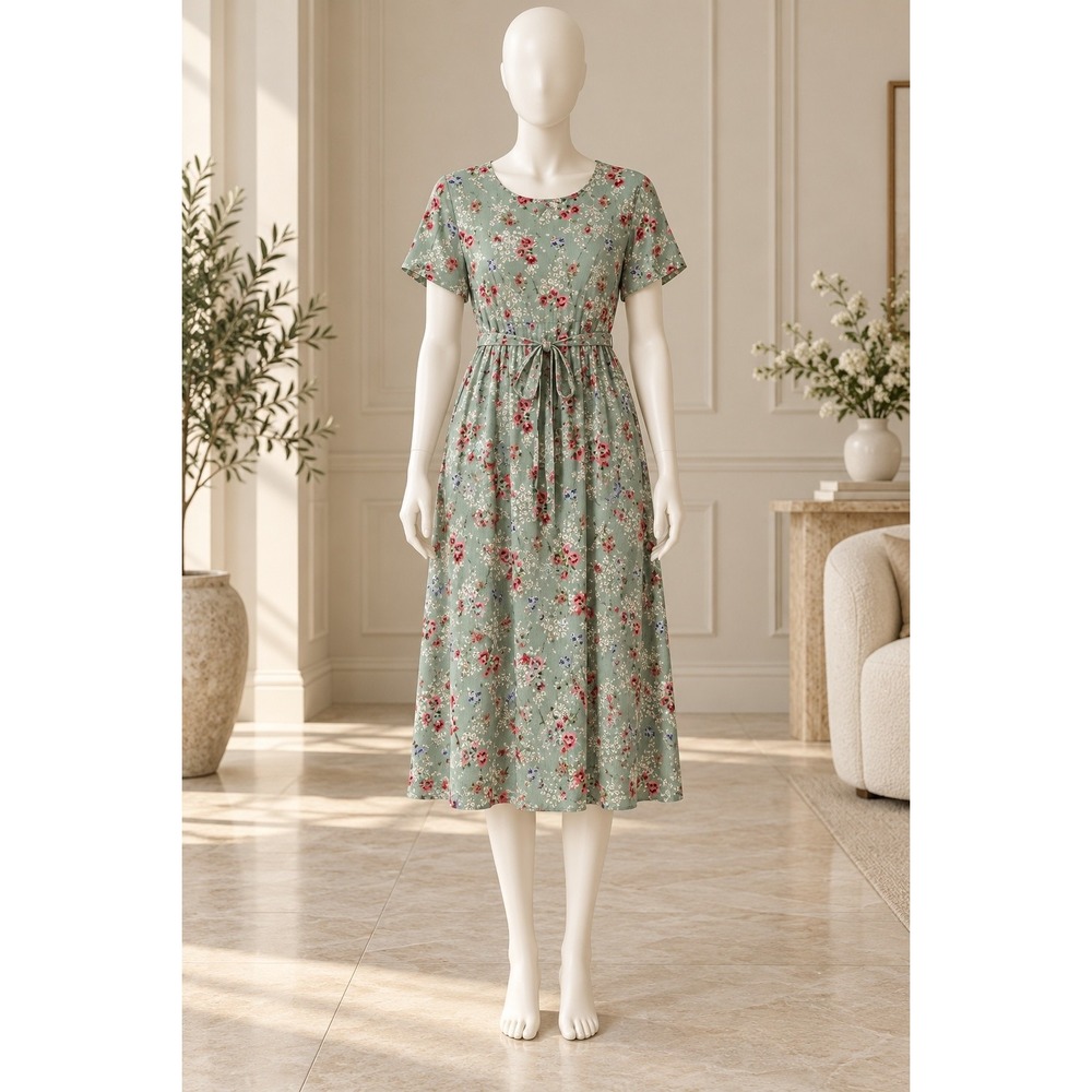 Erika Petites Women Dress Floral Sage Green Short Sleeve Tie Waist Petite Large
